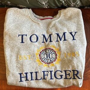 Tommy Hilfiger Gray Crewneck Sweater with Blue and Yellow Accents